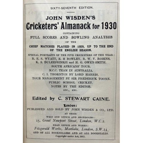 541 - A Wisden Cricketers' Almanack, 1930Provenance:  From the Harry Brewer Cricket Memorabilia Collection... 