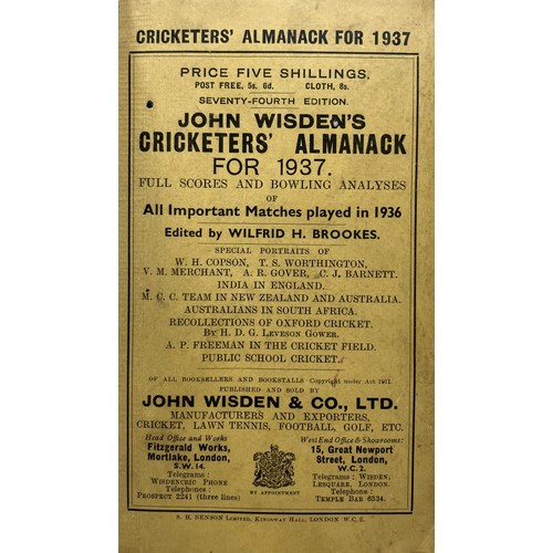 548 - A Wisden Cricketers' Almanack, 1937Provenance:  From the Harry Brewer Cricket Memorabilia Collection... 