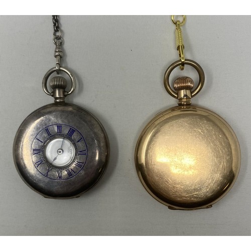 121 - A silver half hunter pocket watch, with an Albert, and a gold plated hunter pocket watch, on a moder... 