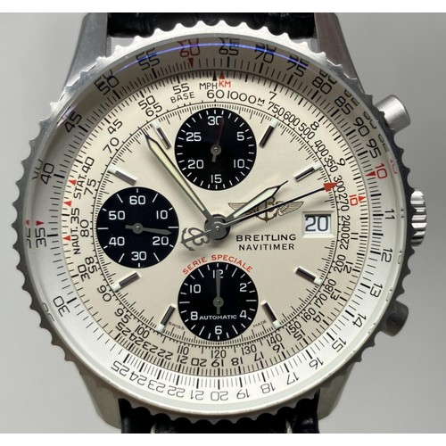 129 - A gentleman's stainless steel Breitling Navitimer wristwatch, on a leather strap, boxed, with paperw... 