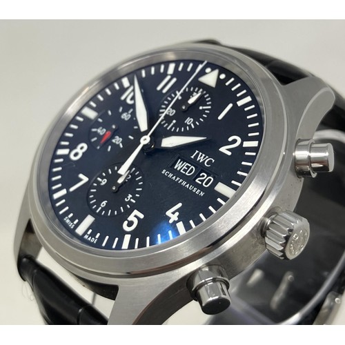 131 - A gentleman's stainless steel IWC Pilot's Chronograph wristwatch, on a faux crocodile leather strap,... 