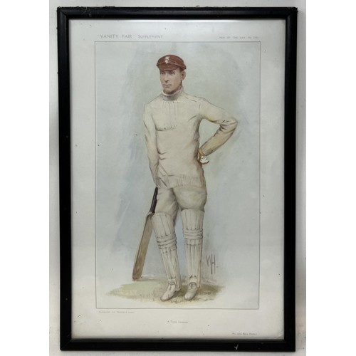 606 - A Spy cricketing print, Plum, 38 x 26 cm, A Tested Centurion, 39 x 26 cm, and another, Cricketing Ch... 