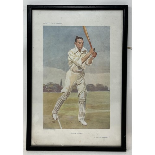 606 - A Spy cricketing print, Plum, 38 x 26 cm, A Tested Centurion, 39 x 26 cm, and another, Cricketing Ch... 