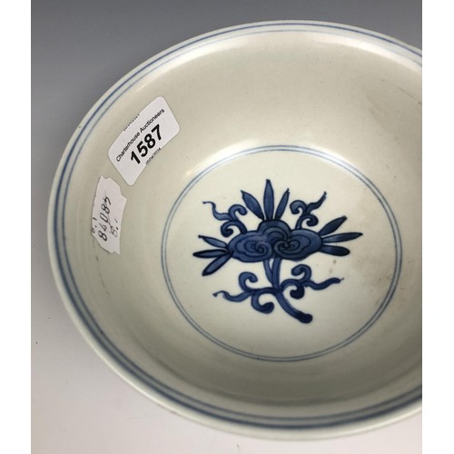 1587 - A Chinese blue and white bowl, six character mark to base, 16 cm diameter