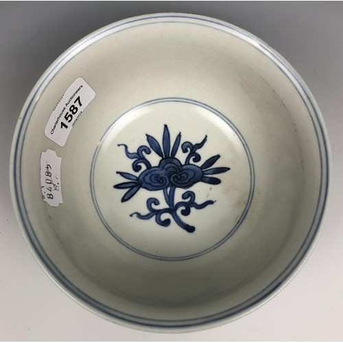 1587 - A Chinese blue and white bowl, six character mark to base, 16 cm diameter