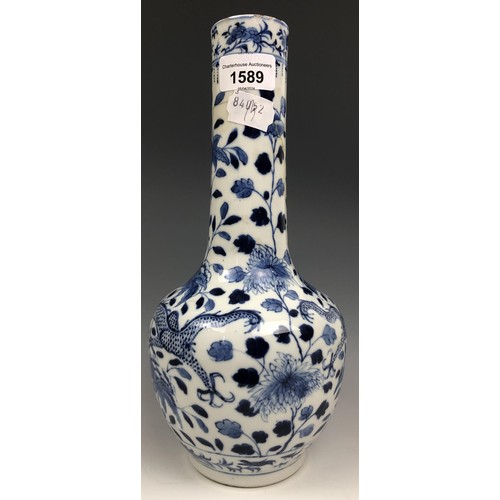 1589 - A Chinese blue and white vase, decorated a dragon, four character mark to base, 30 cm high