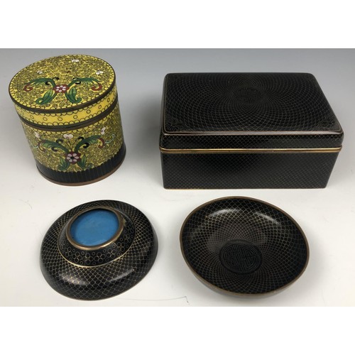 1590 - A Chinese cloisonné box, 13.5 cm wide, two matching dishes, 8 cm diamter, and a cylindrical box and ... 