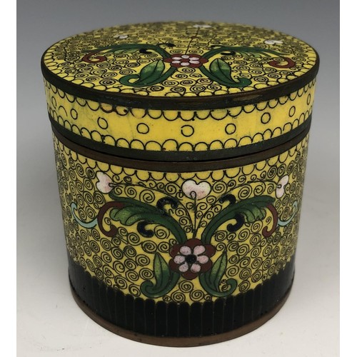 1590 - A Chinese cloisonné box, 13.5 cm wide, two matching dishes, 8 cm diamter, and a cylindrical box and ... 