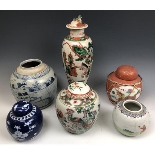 1591 - A Chinese ginger jar, 18 cm high, four other ginger jars, and a vase and cover (6)