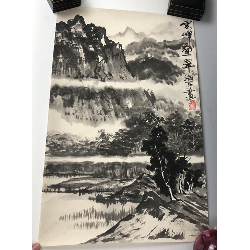 1579 - A Japanese wood block print and a Chinese scroll print (2)