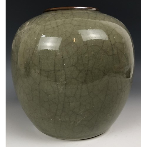 1578 - A Chinese celadon ground crackle glaze vase, 15.5 cm high, an enamel pin dish, an enamel box, and a ... 