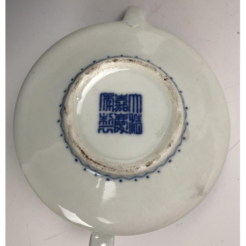 1575 - A Chinese scroll picture, a stoneware teapot and matching tea bowls, a blue and white teapot, two gi... 