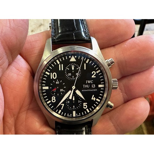 131 - A gentleman's stainless steel IWC Pilot's Chronograph wristwatch, on a faux crocodile leather strap,... 