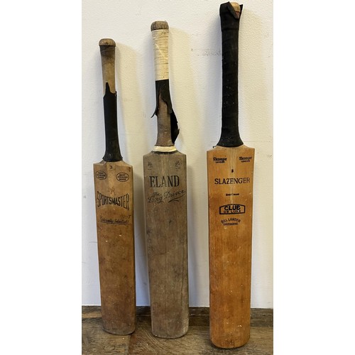 649 - A vintage Fland cricket bat, two other cricket bats, assorted sporting items, and a trunk of local s... 