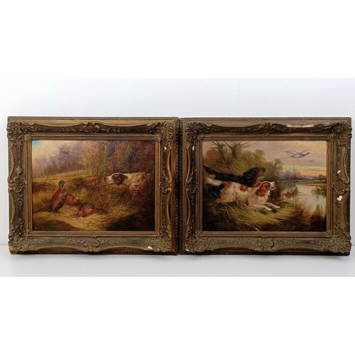 712 - Robert Cleminson, putting up ducks, oil on canvas, signed, 28.5 x 38.5 cm, and its pair (2)