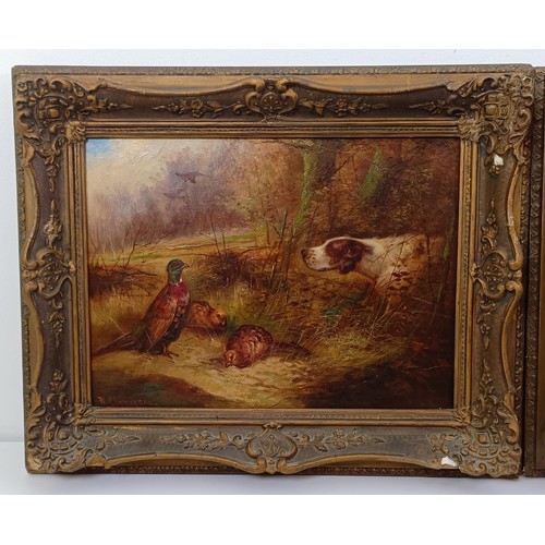 712 - Robert Cleminson, putting up ducks, oil on canvas, signed, 28.5 x 38.5 cm, and its pair (2)