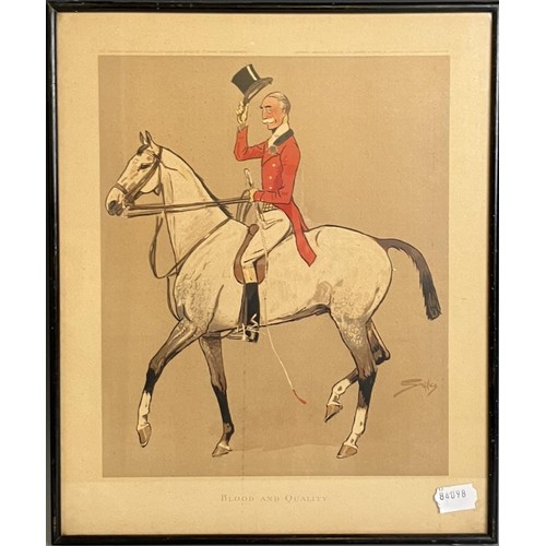 675 - A pair of vintage leather riding boots, with trees, and three Snaffles hunting prints, Hogany Tops, ... 