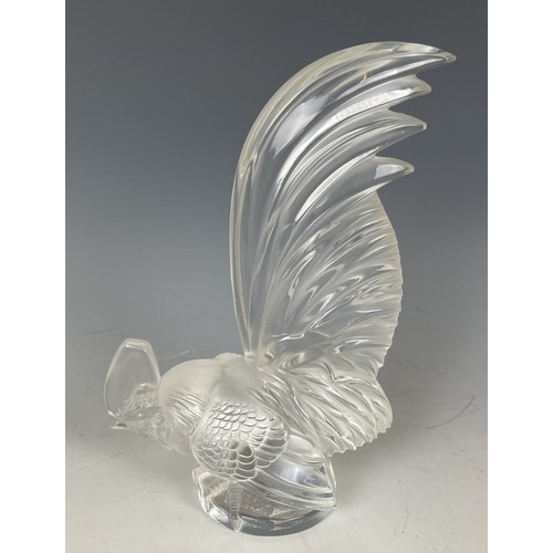 275 - A Lalique clear and frost glass Coq Nain car mascot, signed Lalique France, 20 cm high