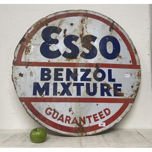 202 - A double sided enamel sign, Esso Benzol Mixture Guaranteed, 76 cm wide