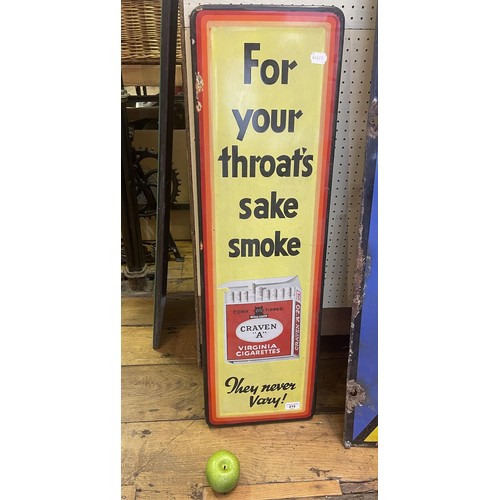 215 - An enamel sign, For your throat's sake smoke Craven A, They never Vary!, 95 x 29 cm