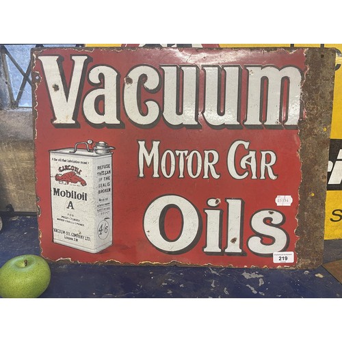 219 - An enamel double sided sign, Mobiloil Vacuum Motor Car Oils, 40.5 x 54.5 cm