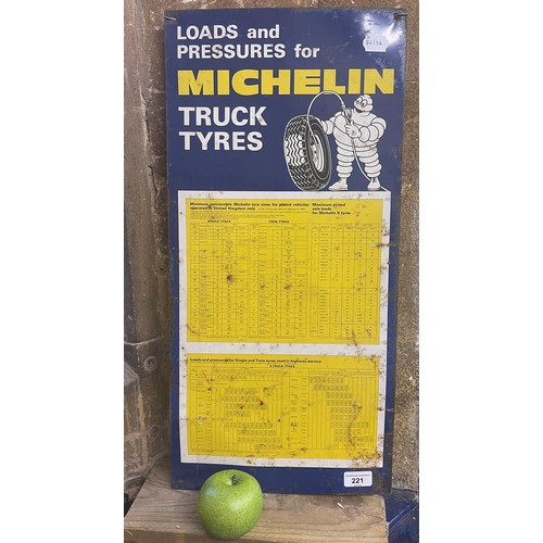 221 - A metal sign, Michelin Truck Tyres Pressures, 63 x 30.5 cm, and another metal sign, Michelin Service... 