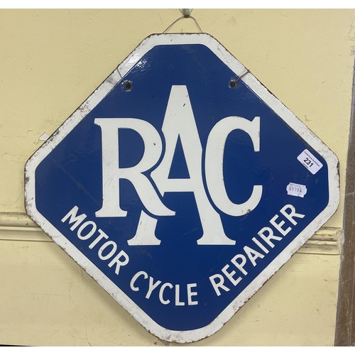 231 - An unusual double sided enamel sign, RAC Motor Cycle Repairer, 49 x 50 cm