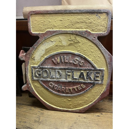 309 - An aluminium double sided wall hanging sign, Wills's Gold Flake Cigarettes, 54 x 47 cm