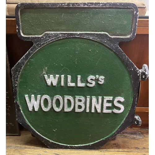 311 - An aluminium double sided wall hanging sign, Wills's Woodbines, 54 x 47.5 cm