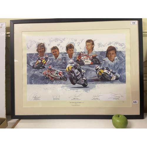 316 - A Craig Warwick print, The Worlds Greatest Riders, Part 2, 79/500, signed by Freddie Spencer, Kevin ... 