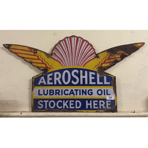 320 - A rare double sided enamel sign, Aeroshell Lubricating Oil Stocked Here, 38 x 72 cm