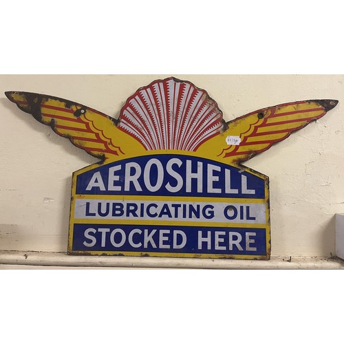 320 - A rare double sided enamel sign, Aeroshell Lubricating Oil Stocked Here, 38 x 72 cm