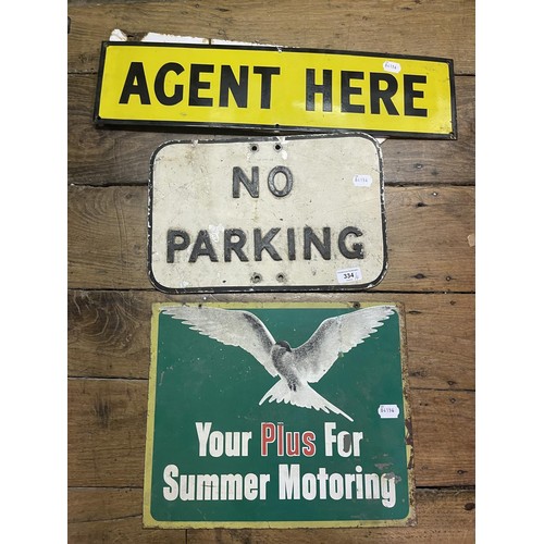 334 - An enamel double sided finger sign, RAC Caravan Site, 16.5 x 56 cm, and aluminium No Parking sign, a... 