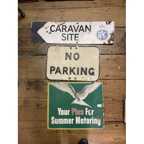 334 - An enamel double sided finger sign, RAC Caravan Site, 16.5 x 56 cm, and aluminium No Parking sign, a... 