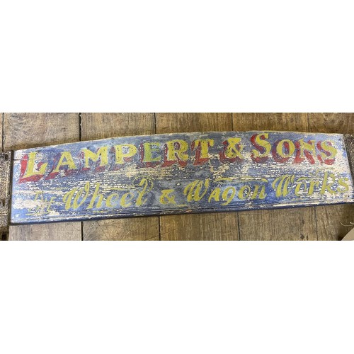 422 - A painted cart sign end, later painted Lampert & Sons Wheel and Wagon Works, Somerset, 175 cm