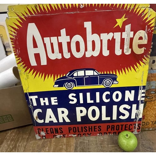 442 - An Autobrite metal sign, 50 cm wide, another Autobrite sign, and five other metal signs (7)