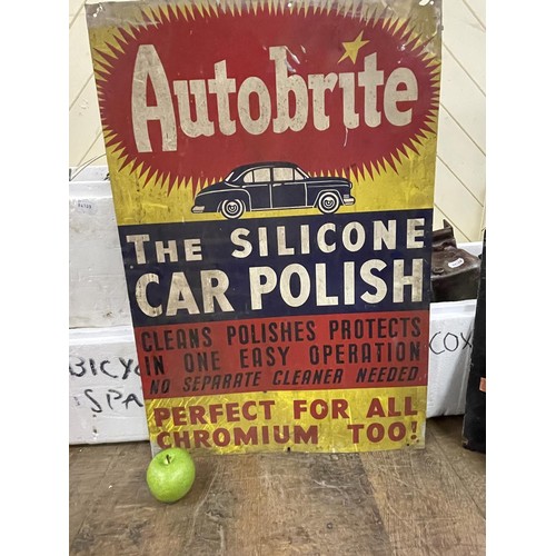 442 - An Autobrite metal sign, 50 cm wide, another Autobrite sign, and five other metal signs (7)