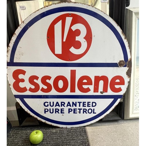 451 - A double sided enamel sign, Essolene Guaranteed Pure Petrol 1'3, B.9/30, 76 cm diameter