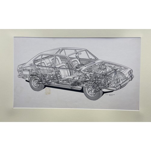 453 - Five vehicle drawings for car magazines, including a Laurence Watts Opel Corsa 1982 and a Vic Berris... 