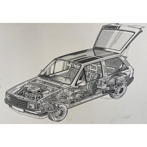 453 - Five vehicle drawings for car magazines, including a Laurence Watts Opel Corsa 1982 and a Vic Berris... 