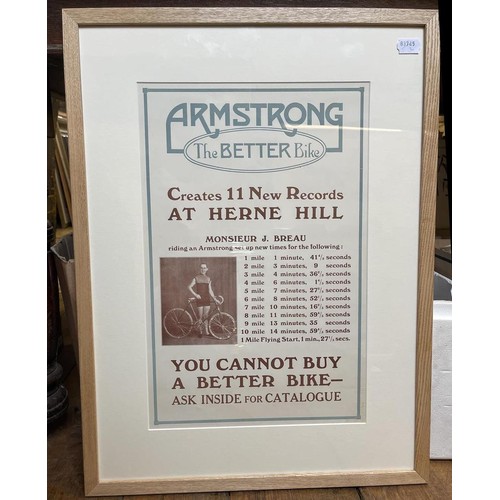 455 - An Armstrong 'The Better Bike' poster, featuring Monsieur J Breau with his riding records, 47.5 x 31... 