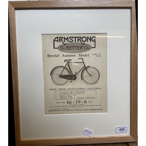 455 - An Armstrong 'The Better Bike' poster, featuring Monsieur J Breau with his riding records, 47.5 x 31... 