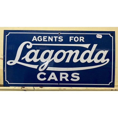 463 - A reproduction enamel sign, Agent for Lagonda Cars, 61 cm wide, two other enamel signs and two metal... 