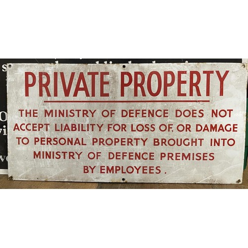 465 - A metal sign, HM Prison Service, 73 cm wide, an MOD sign, a Radiation Warning sign, and two others (... 