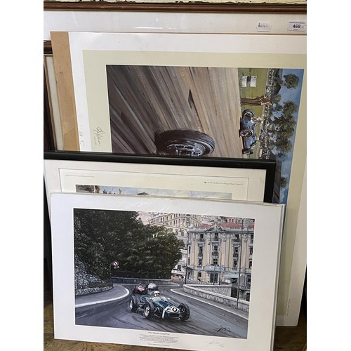 469 - A Nicholas Watts print, Race of the Titans, signed, and six other motoring prints, some unframed (7)