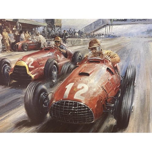 469 - A Nicholas Watts print, Race of the Titans, signed, and six other motoring prints, some unframed (7)