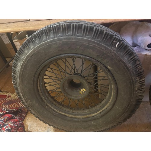 239 - A pair of 18 inch wire wheels, 52 mm hub, side laced 4 and 5 inch rim, 2 1/4 inch offset, with Goody... 