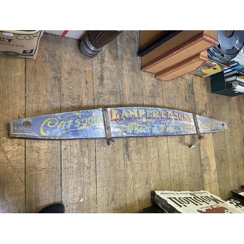 422 - A painted cart sign end, later painted Lampert & Sons Wheel and Wagon Works, Somerset, 175 cm