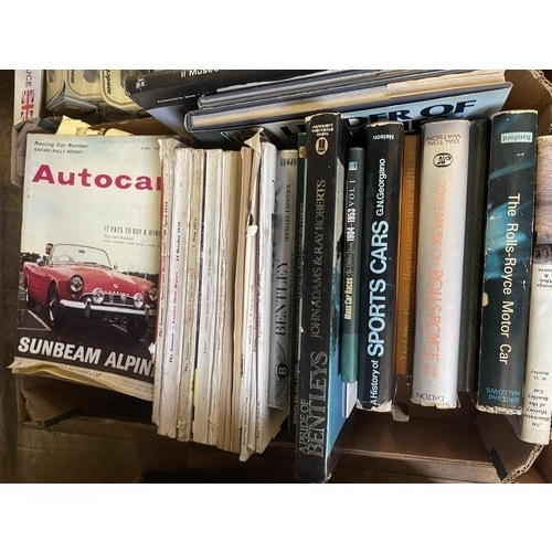 429 - Assorted books including Bentley and Rolls-Royce books, various car magazines including Autocar, and... 