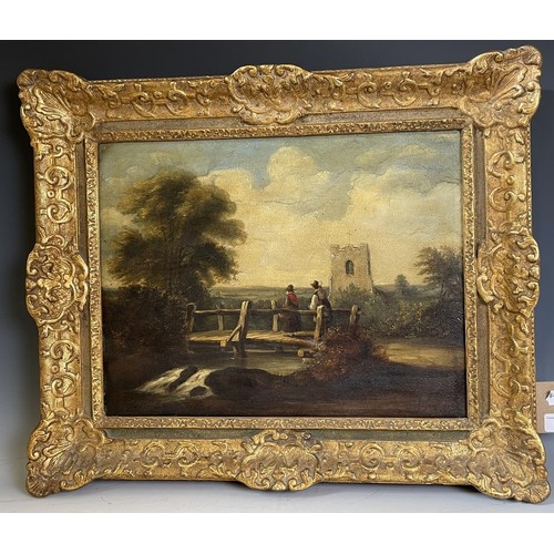 798 - 19th century, English school, figures on a bridge by a Church, oil on canvas, 35 x 44 cm